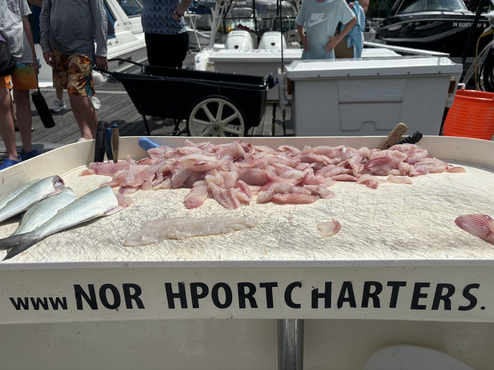 The day’s catch filleted at the cleaning table